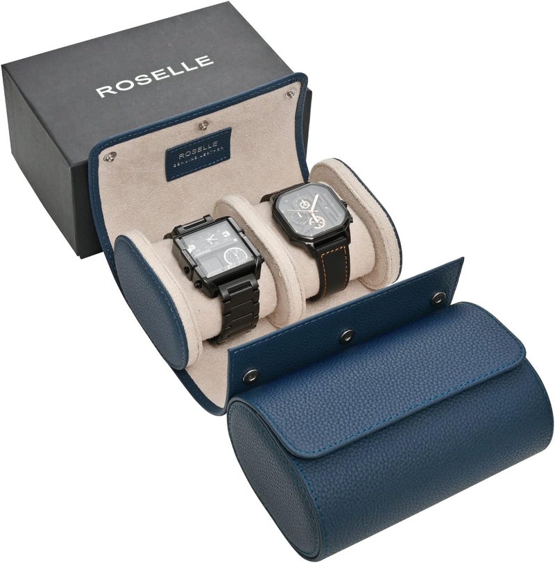 ROSELLE Genuine Leather Watch Roll Travel Case - Watch Roll Case For 2 Watches With Luxury Lining - Protect, Travel,Store, Display Fine Watches (2 slot Blue-Genuine Leather) - Image 1